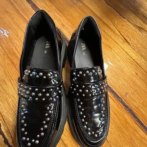 Zara Black Patent Loafers with Silver Studs